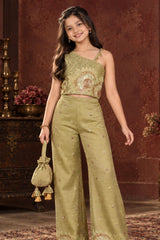 Girls Green One-Shoulder Bead And Sequin Embroidered Palazzo Set