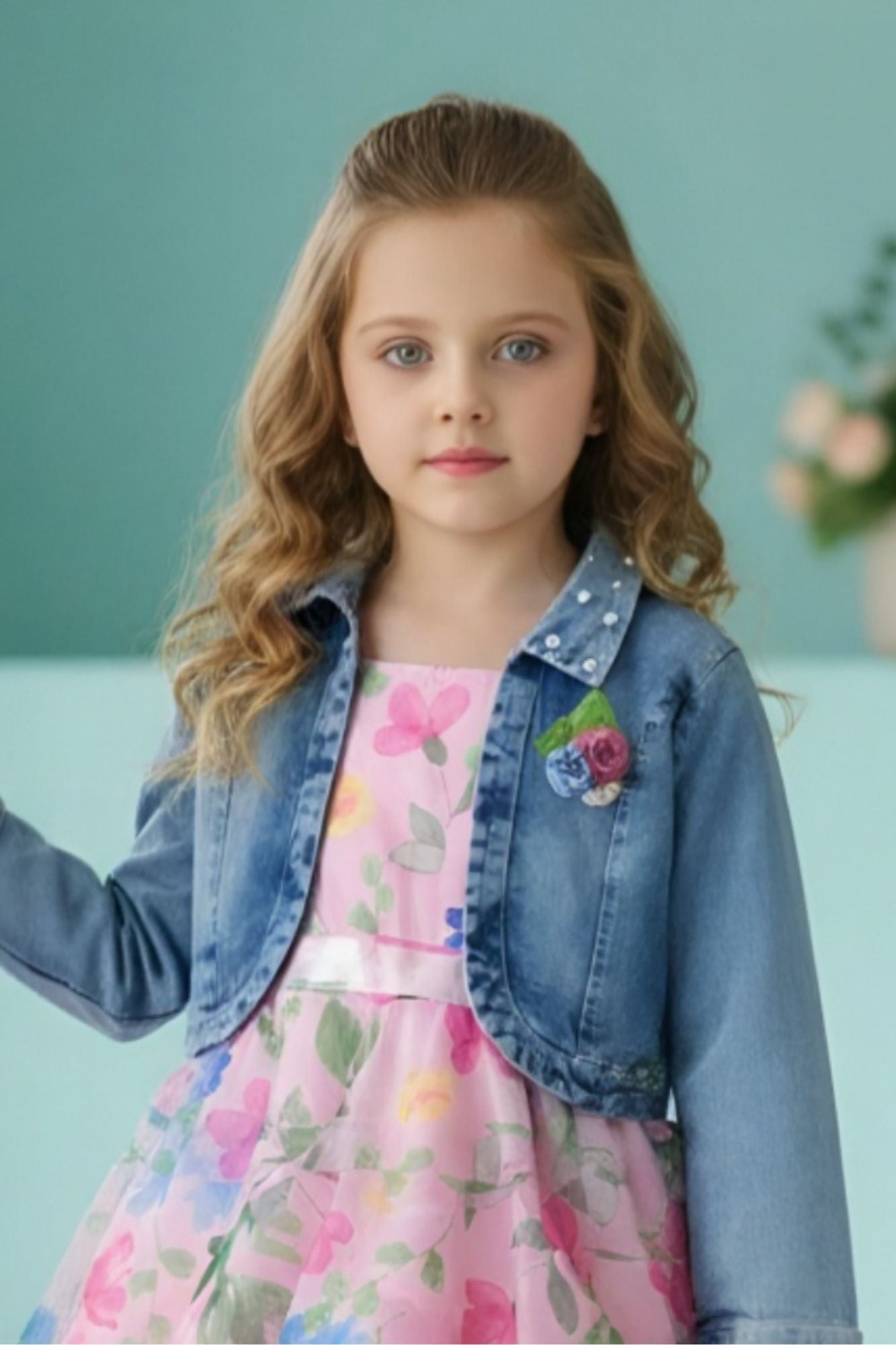 Pink Floral Layered Frock with Denim Jacket For Girls
