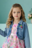 Pink Floral Layered Frock with Denim Jacket For Girls