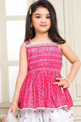 Pink Bandhani Printed And Mirror Worked Dhoti Set For Girls