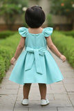 Aqua Blue Cartoon Printed Party Frock For Girls