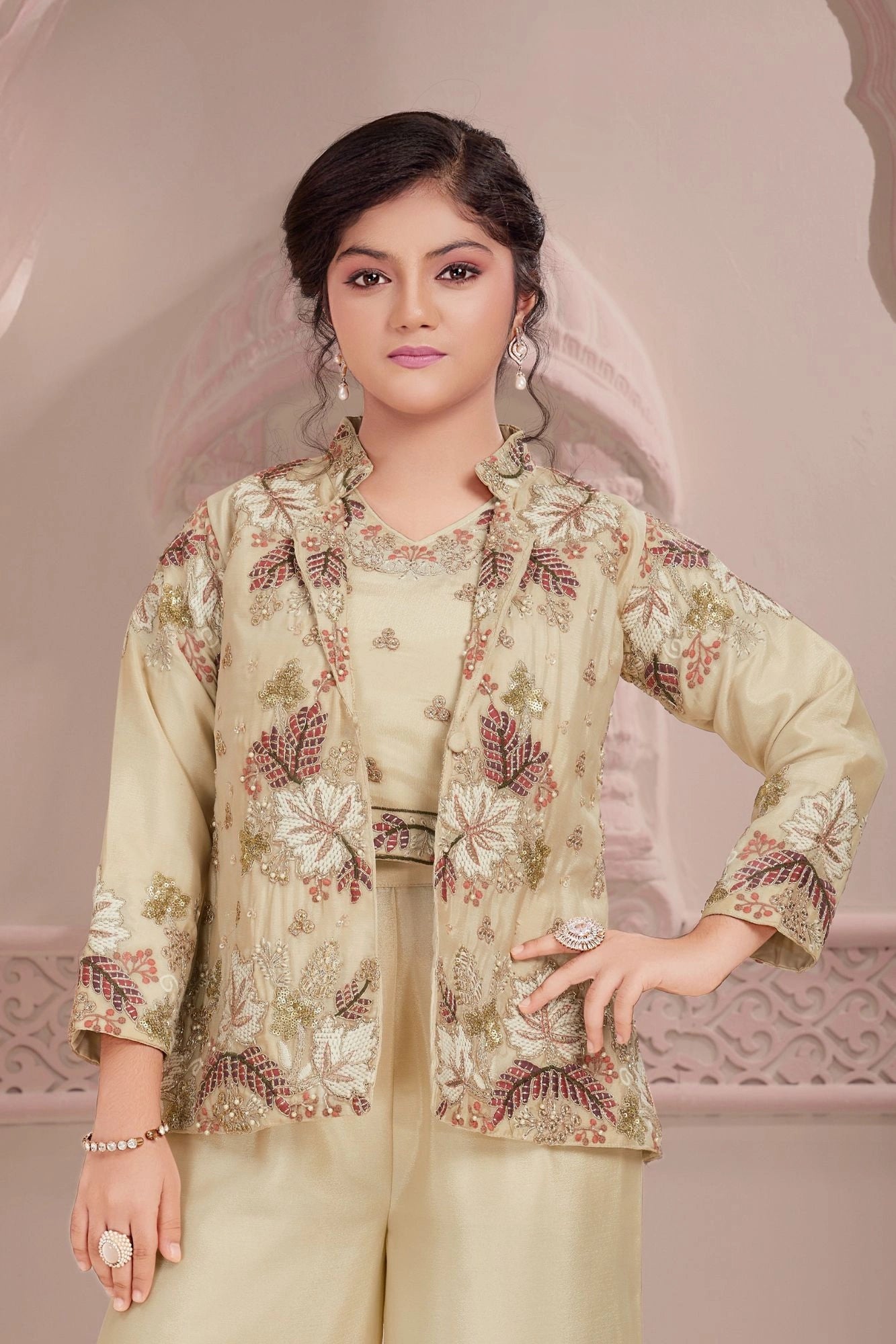 Cream Embroidered Jacket Palazzo Set for Girls
