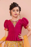 Maroon Peplum Top & Yellow Woven Pattu Pavadai Set with Dupatta For Girls