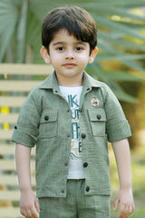 Green Overcoat With White T shirt And Pant Set For Boys