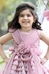 Onion Pink Sleeveless With Floral And Bow Embellished Layer Gown For Girls