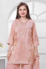 Pink Embroidered Palazzo Set With Dupatta For Girls