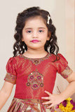 Pink Brocade Pattu Pavadai With Bead Work And Zardosi Work For Girls