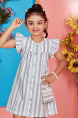 Multicolor Casual Frock With Ruffle Sleeves For Girls