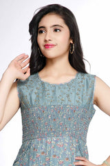 Blue Floral Printed Casual Wear Frock For Girls