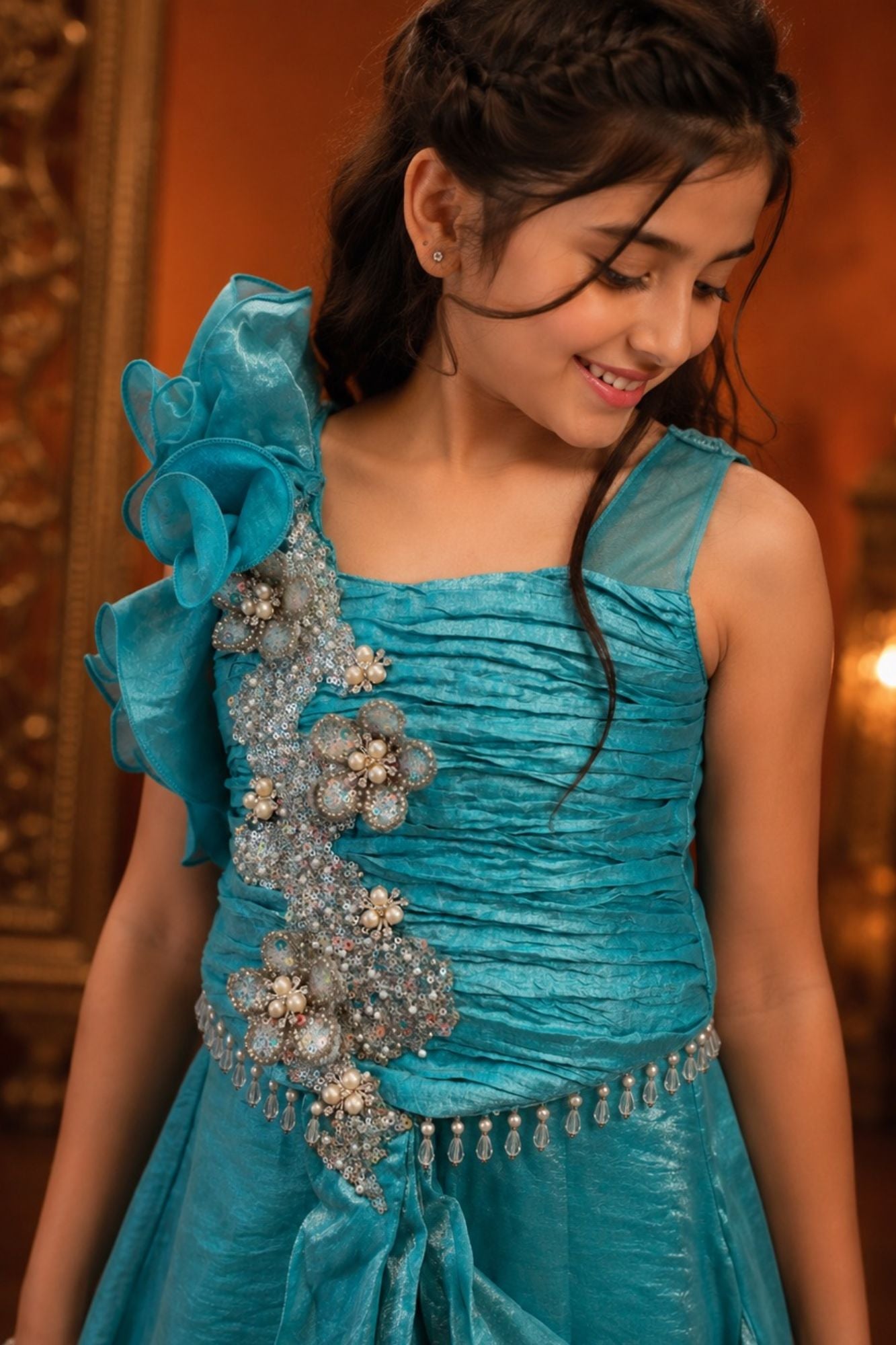 Girls Teal Blue Sequin Embellished Draped Sharara Set