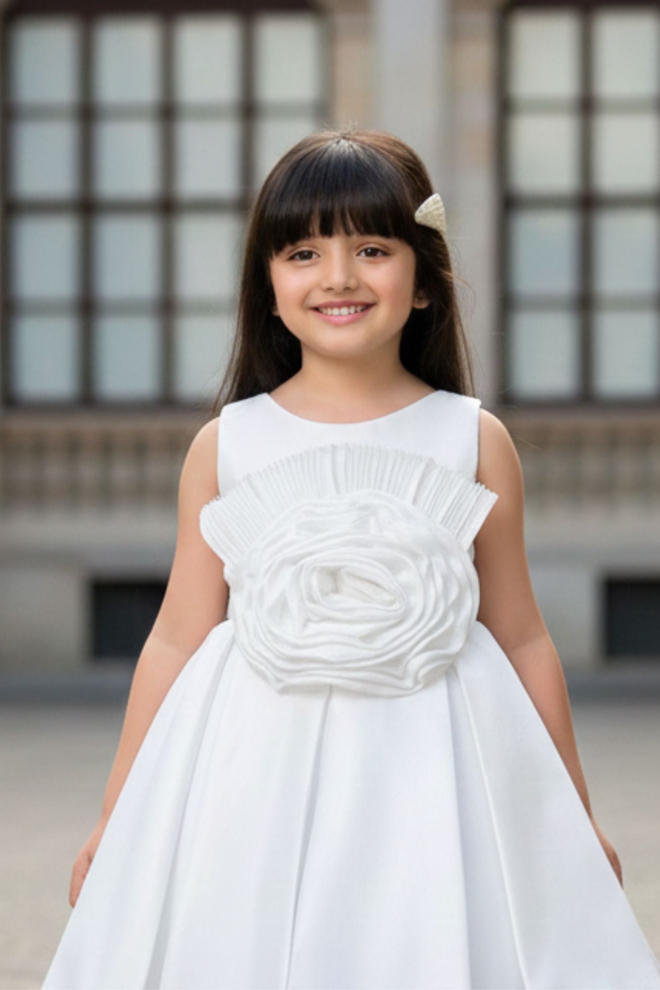 White Tailback Frock With Floral Embellishments For Girls