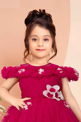 Charming Rani Pink Ruffle Tailback Frock with Floral Embellishments For Girls