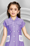 Purple Dress With Front Buttons And Floral Patch Pockets For Girls