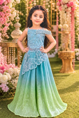Elegant Aqua Blue Floral Embellished Pleated Palazzo Set for Girls
