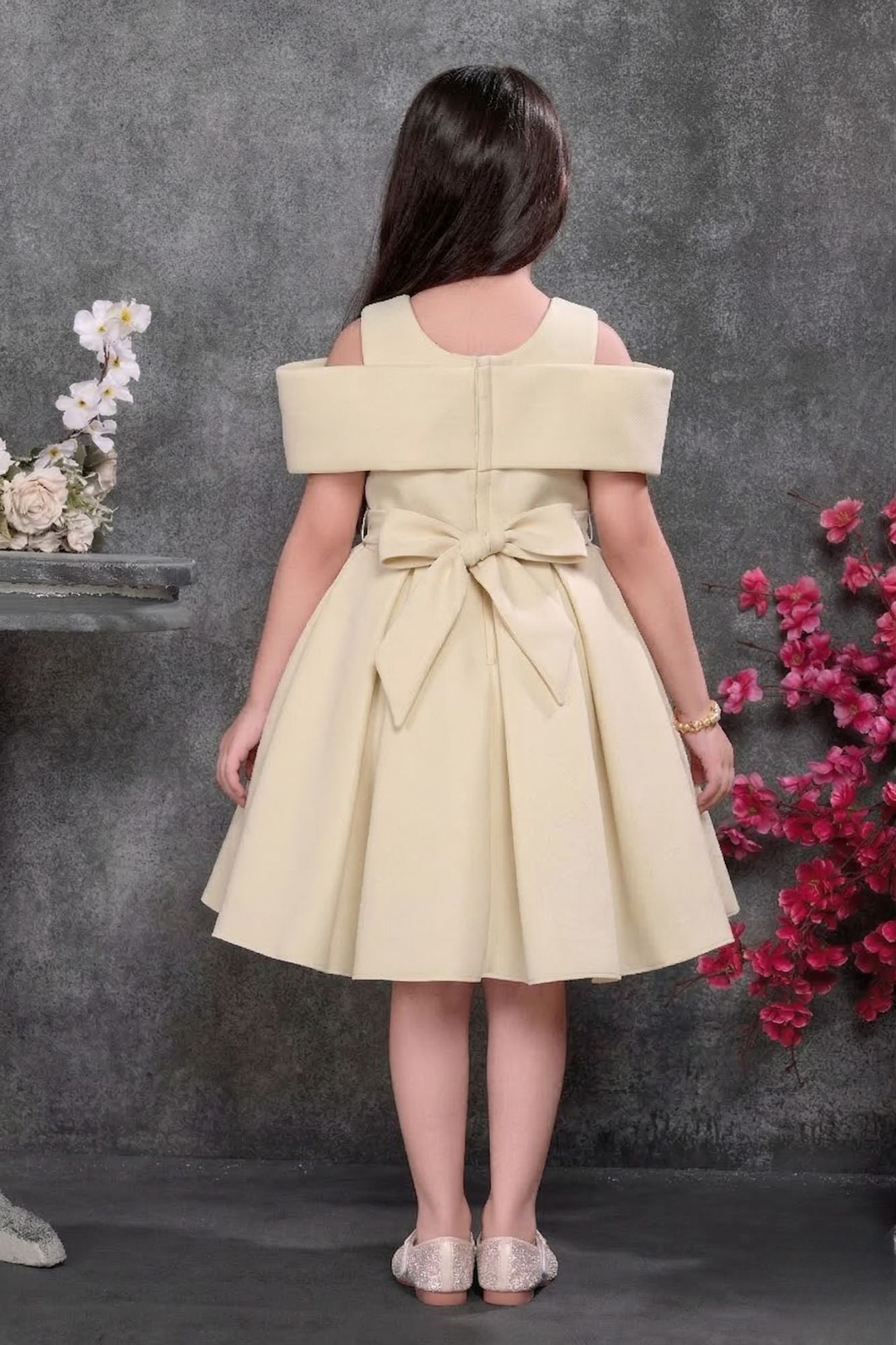 Beige Off-Shoulder 3D Rose Appliqué Party Wear Frock For Girls