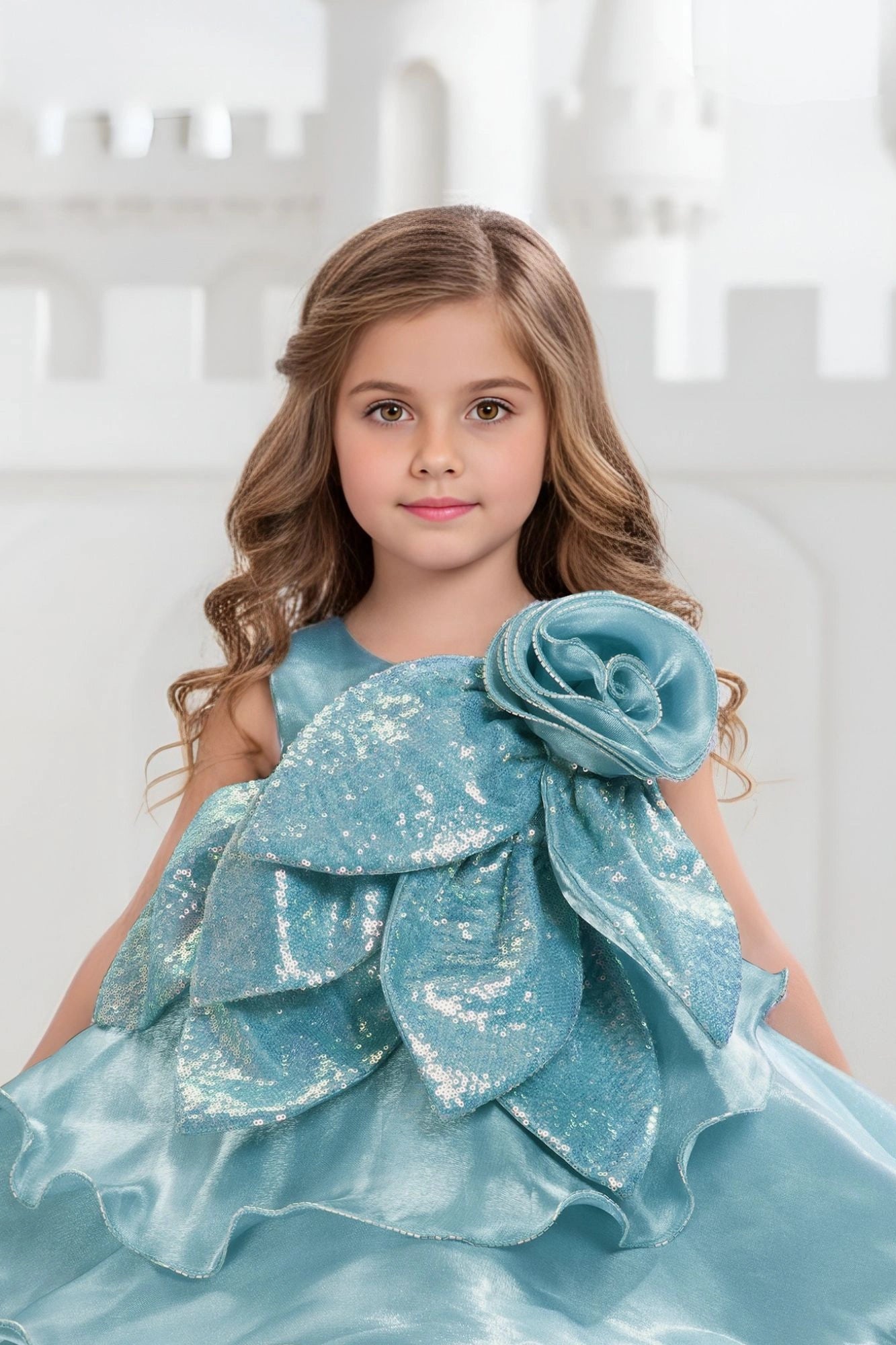 Sky Blue Embellished Glitter Bow Party Dress for Girls