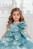 Sky Blue Embellished Glitter Bow Party Dress for Girls