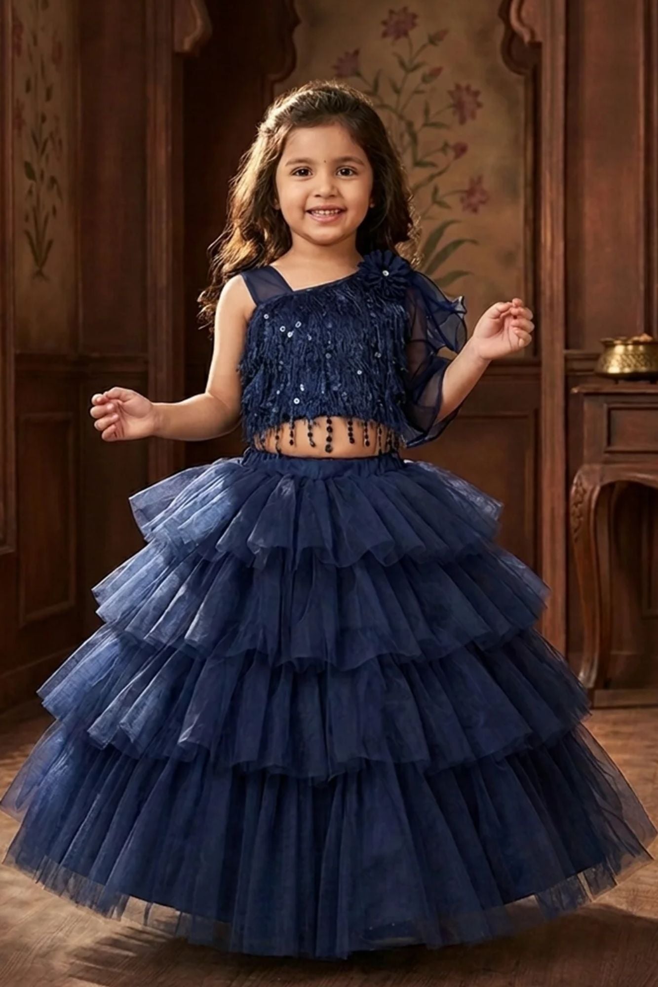 Girls Navy Blue One-Shoulder Ruffle Party Wear Lehenga Choli