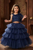 Girls Navy Blue One-Shoulder Ruffle Party Wear Lehenga Choli