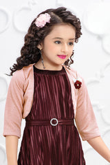 Wine Pleated Satin Dress With Overcoat For Girls