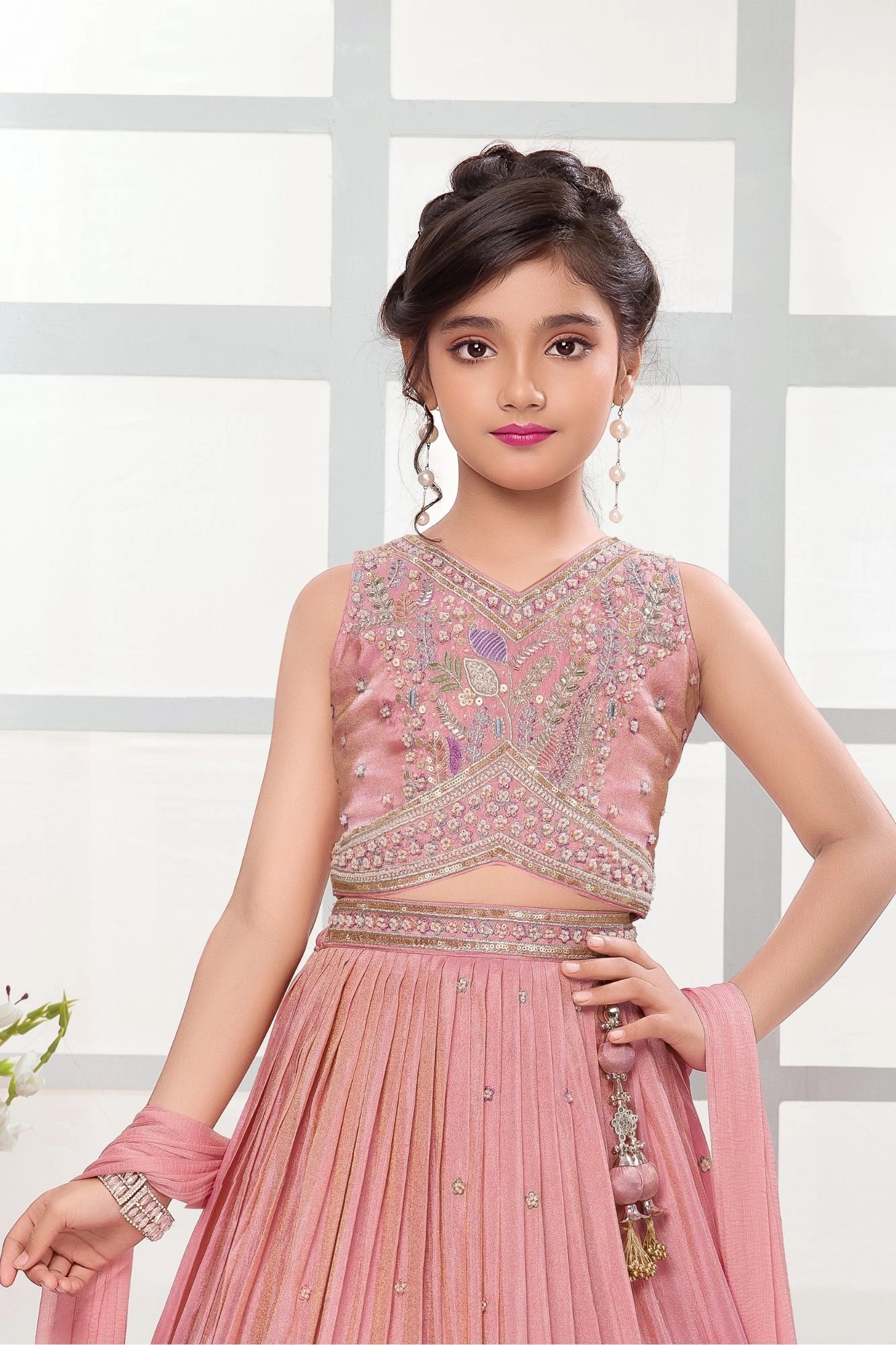 Pink Embroidered Lehenga Choli Set with Dupatta For Girls