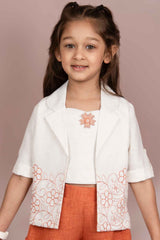 Rust Orange Top And Shorts Casual Wear Set With Floral Embroidered Overcoat For Girls