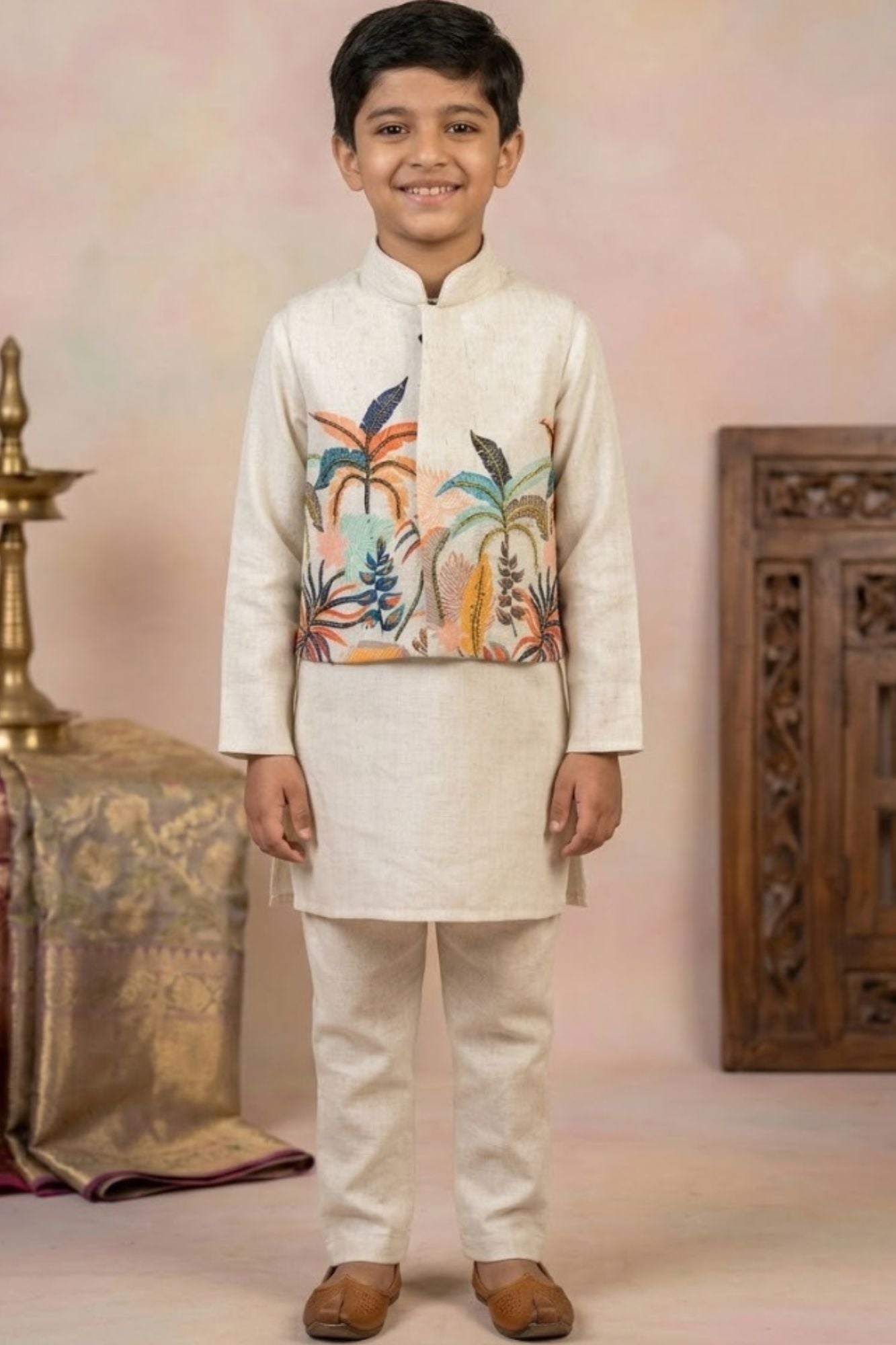 Ivory Kurta Pyjama Set with Tropical Printed Nehru Jacket For Boys