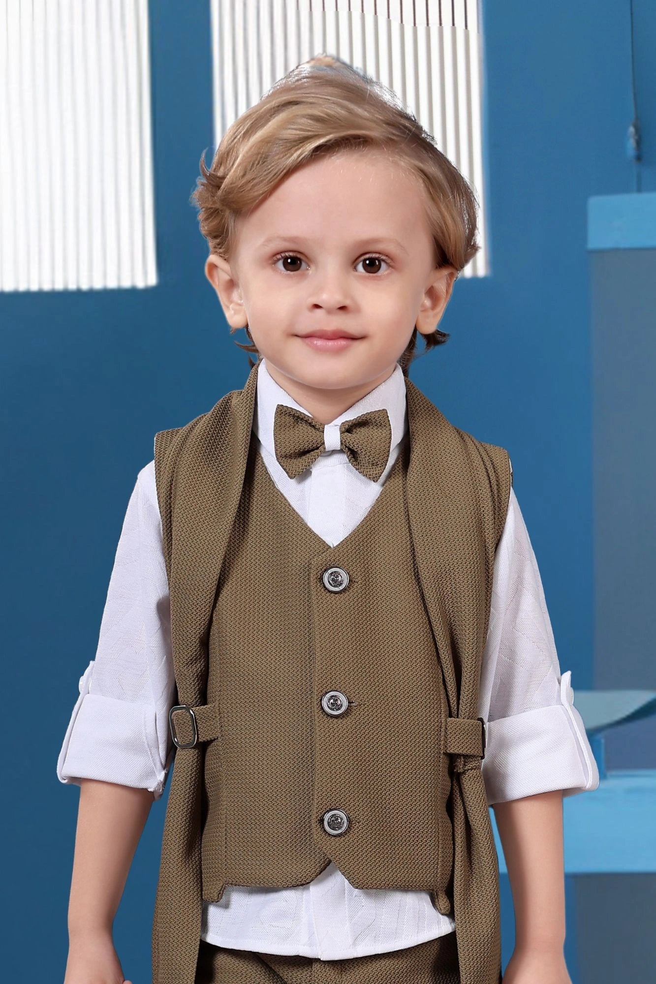 Stylish Brown Waistcoat Suit Set with Bow Tie For Boys