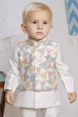 White Full Sleeve Kurta Set With Sequins Worked Waist Coat For Boys