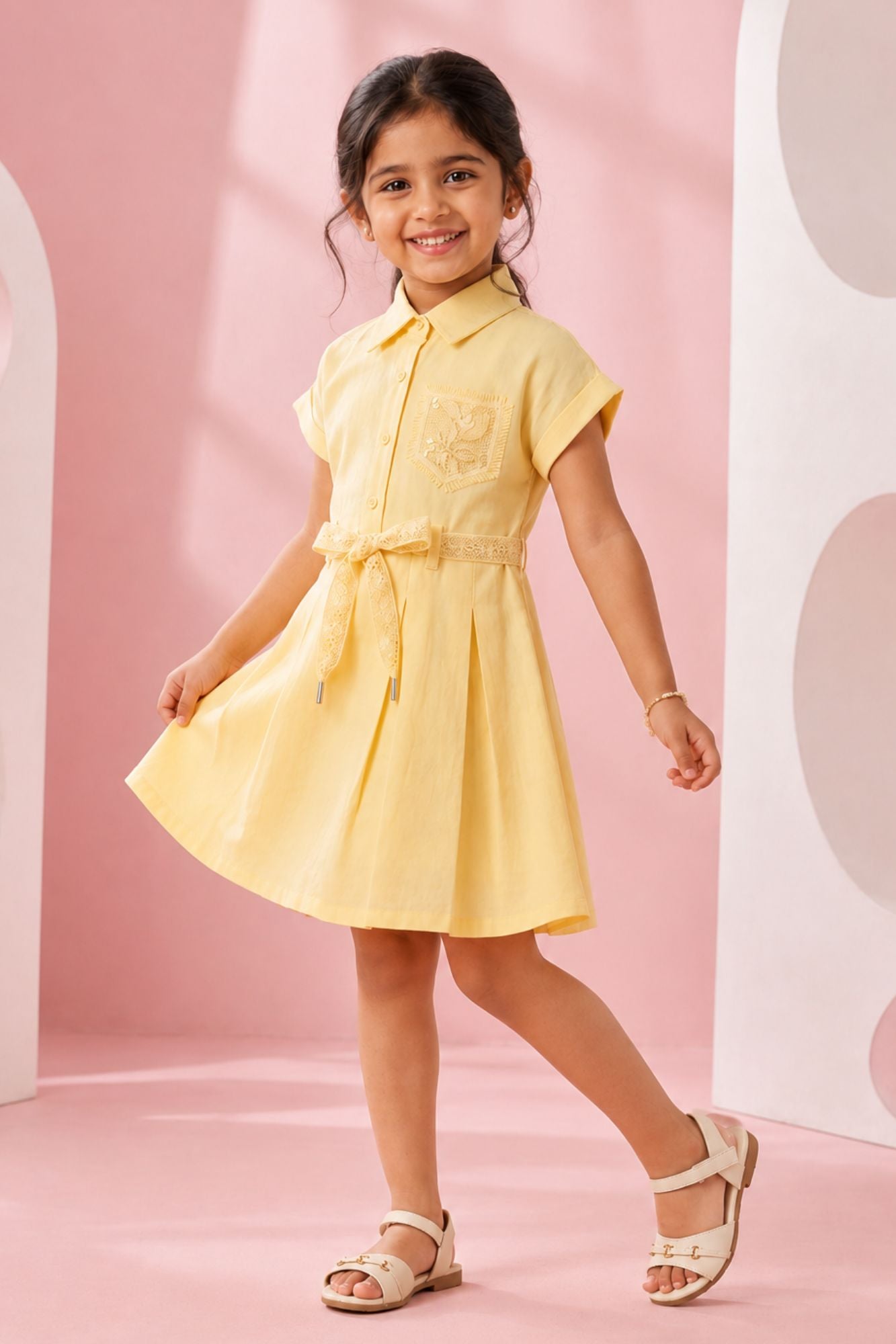 Girls Yellow Embroidered Fit And Flare Casual Dress with Waist Tie Belt
