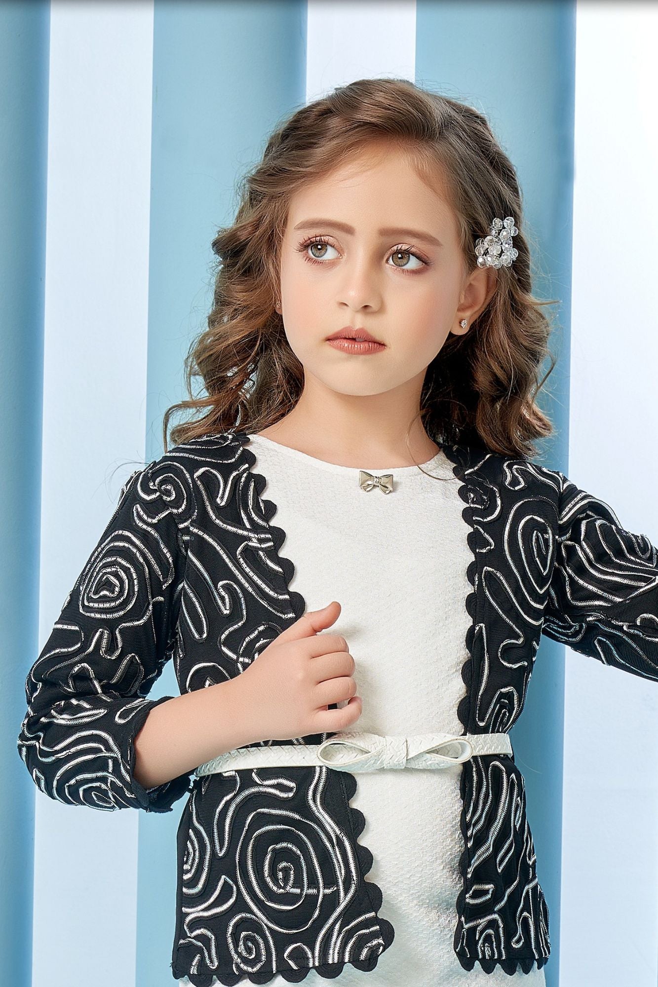 White Textured Dress with White Printed Jacket & Belted Detail For Girls