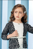 White Textured Dress with White Printed Jacket & Belted Detail For Girls