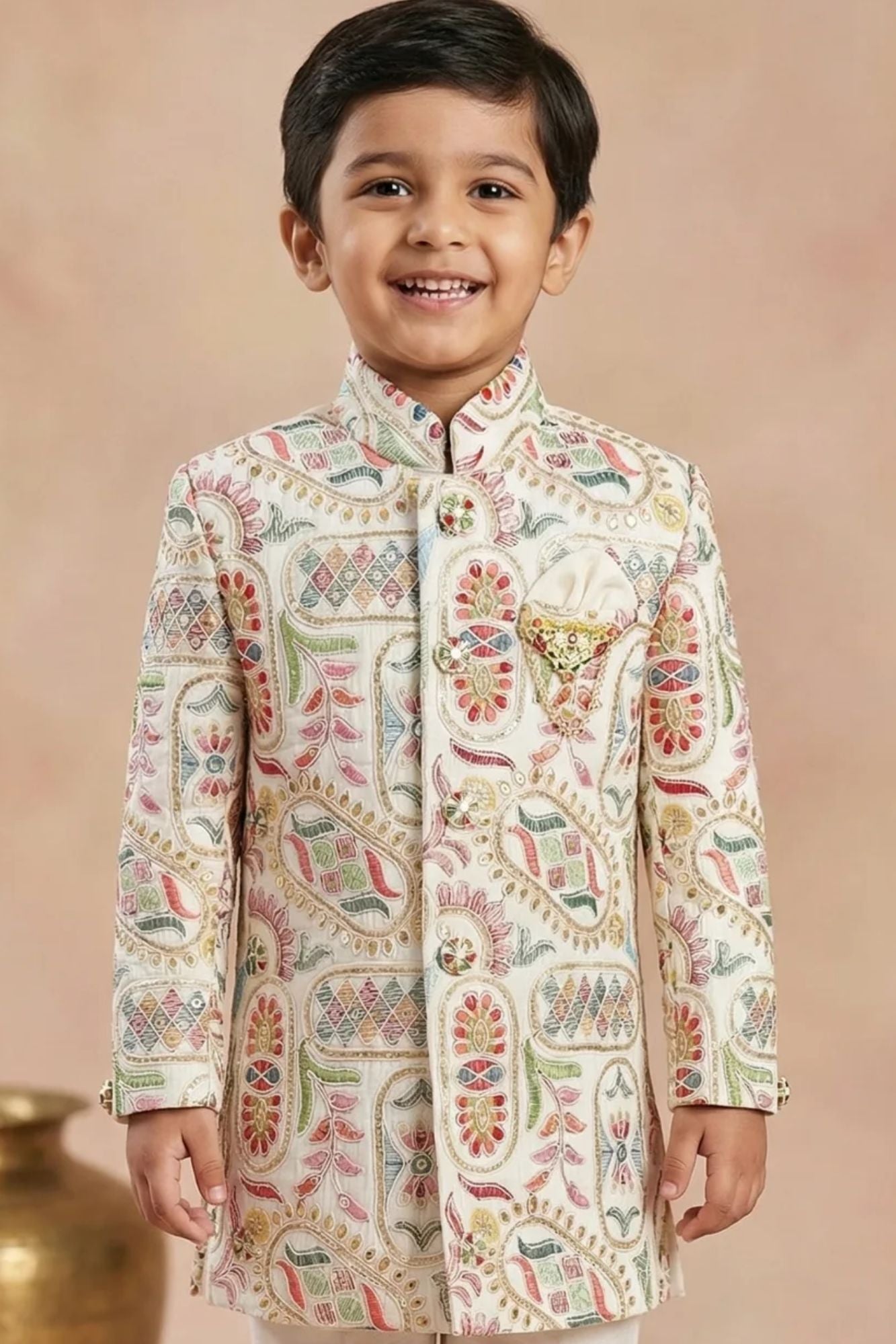 Elegant Boys Cream Jodhpuri Suit With Embroidered Woven Ethnic Motifs