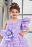 Lavender One-Shoulder Bow Embroidered Party Gown for Girls
