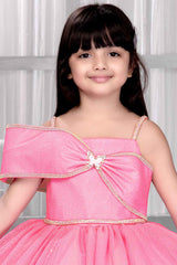 Pink Sleeveless And Bow Embellishment With Stone Worked Frock For Girls