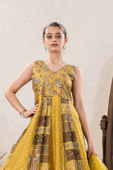 Yellow Sequins Work And Zari Embroidered Gown With Floral Printed For Girls