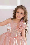 Peach Party Frock With Sequin Bow And 3D Flower Detail For Girls