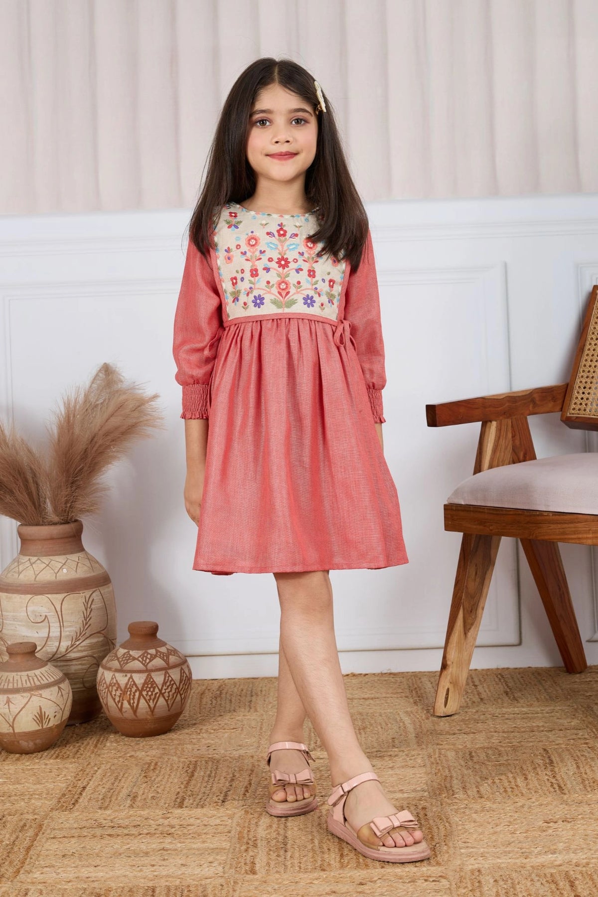 Rust Red Cotton Dress with Multicolor Floral Embroidered Yoke For Girls