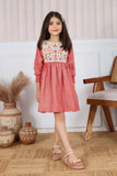 Rust Red Cotton Dress with Multicolor Floral Embroidered Yoke For Girls