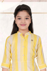 Yellow 3/4th Sleeves Stripe Frock For Girls