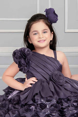 Designer Purple One Side Sleeve Frock With Floral Embellishment For Girls