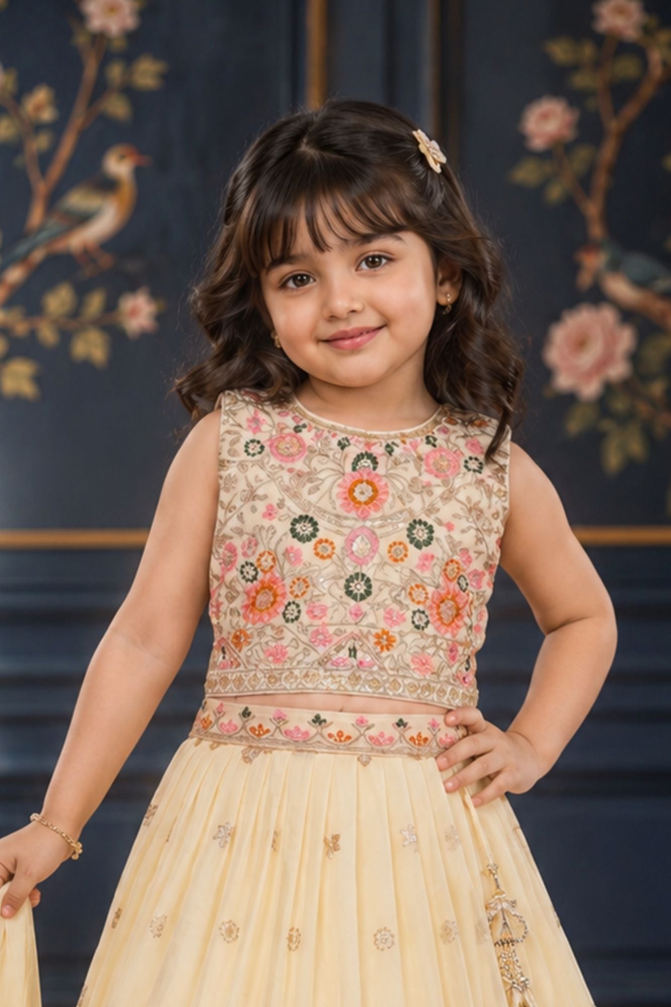 Girls Cream Embroidered Lehenga Choli Set with Dupatta