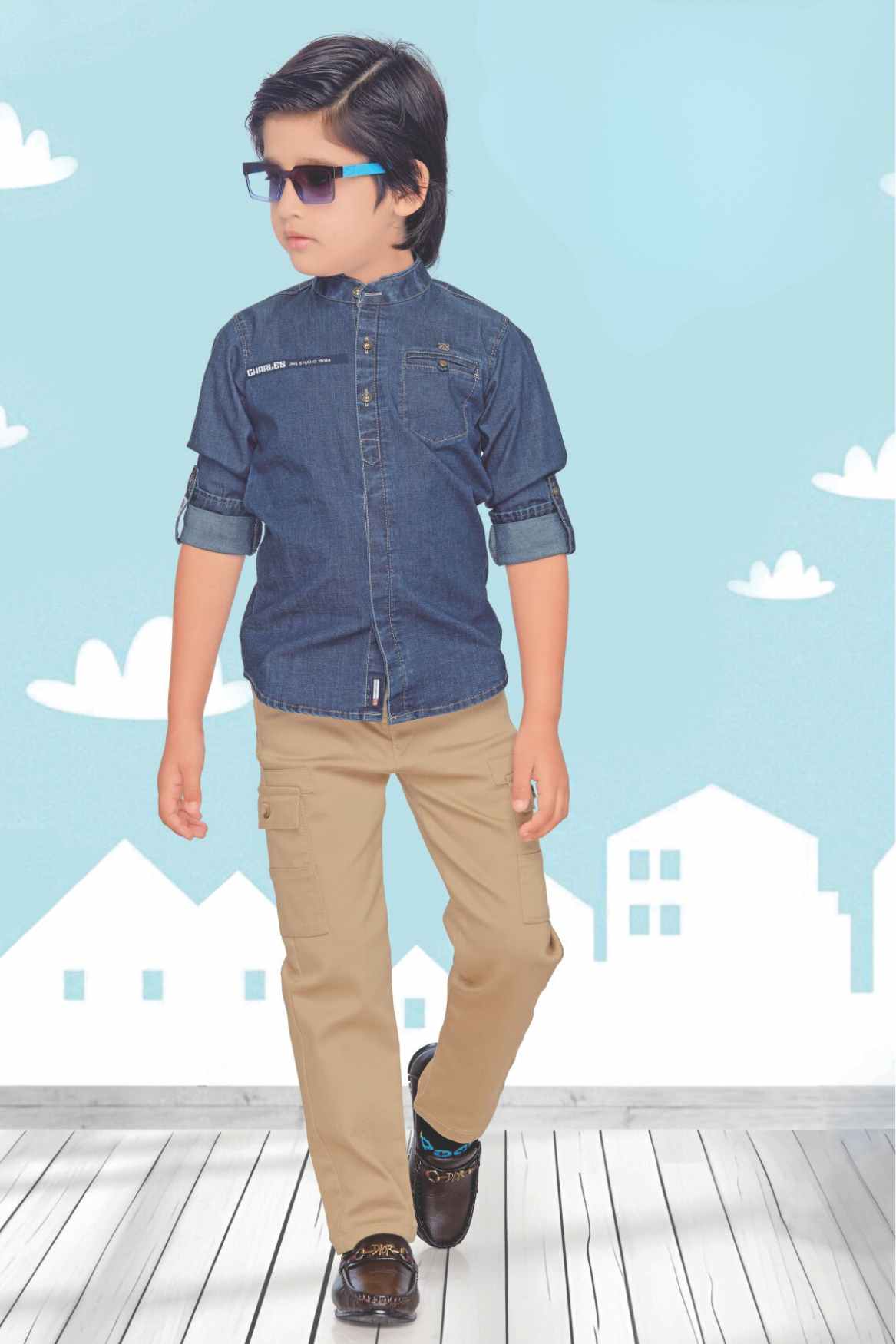 Denim Blue Jeans Boys Jeans Pant And Shirt Denim Blue With Beige