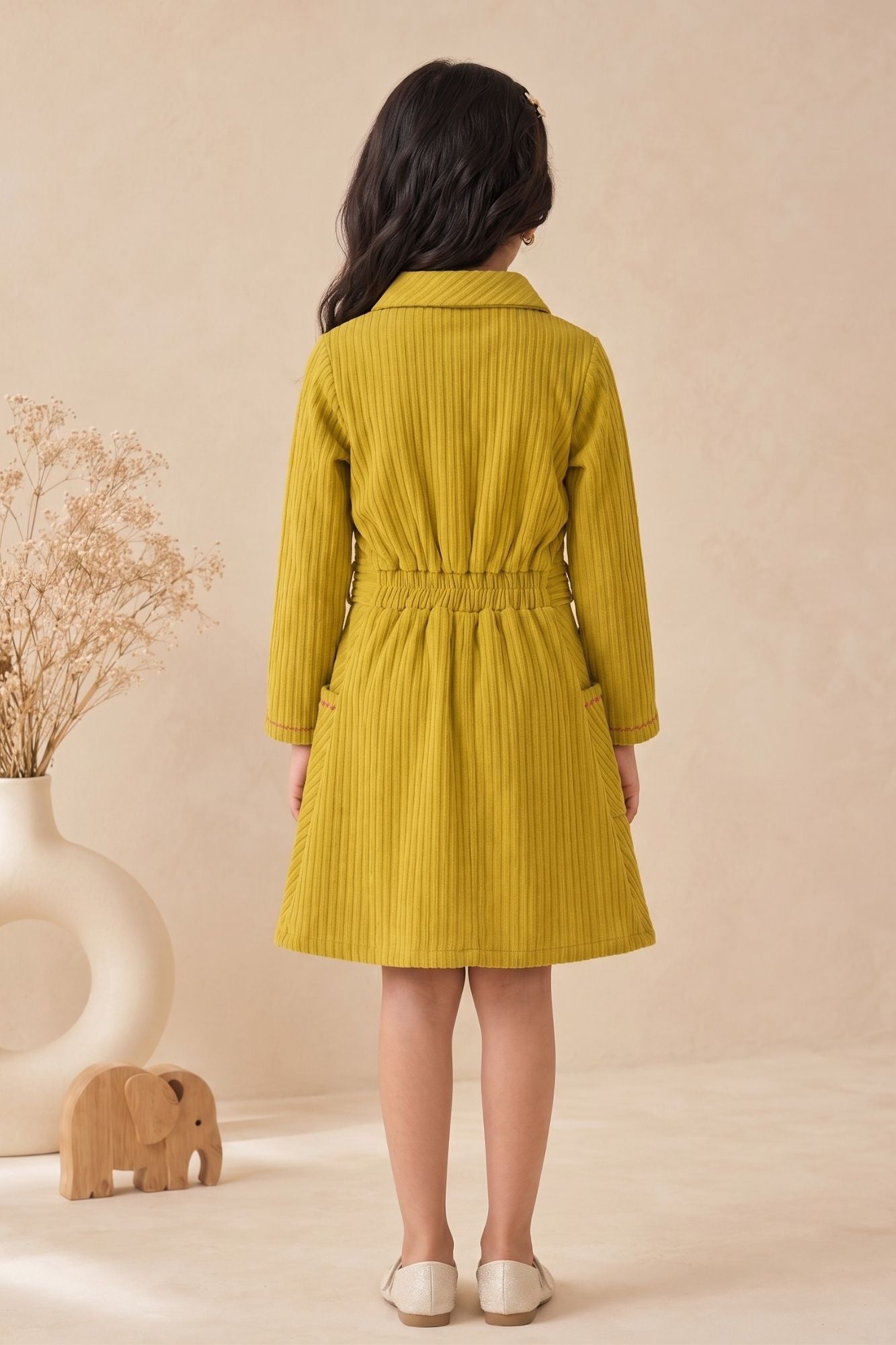 Lime Green Ribbed Dress with Embroidered Pocket