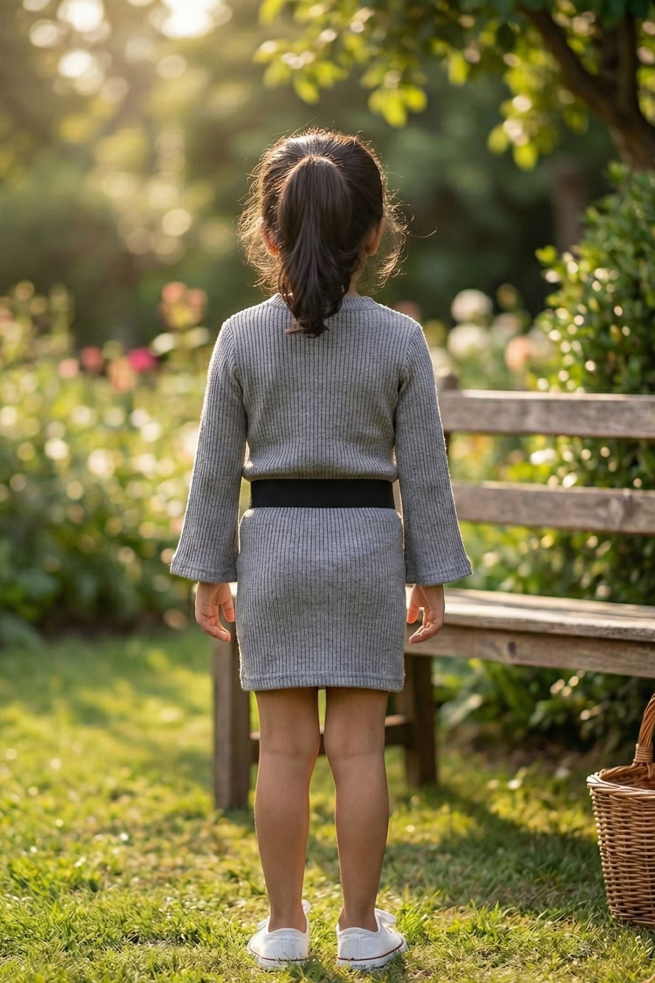 Grey Embroidered Top & Skirt Co-ord Set For Girls