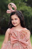 Peach Gown With Bow Embellished And Shimmer Printed For Girls