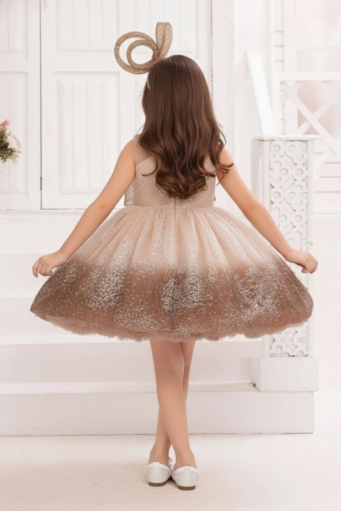 Brown Ombre With Bow Embellishment Party Wear Frock for Girls