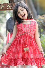 Red Printed Kurti And White Palazzo With Dupatta Set For Girls