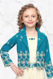 Teal Blue and Cream Embroidered Wide Legged Pant Set With Jacket For Girls