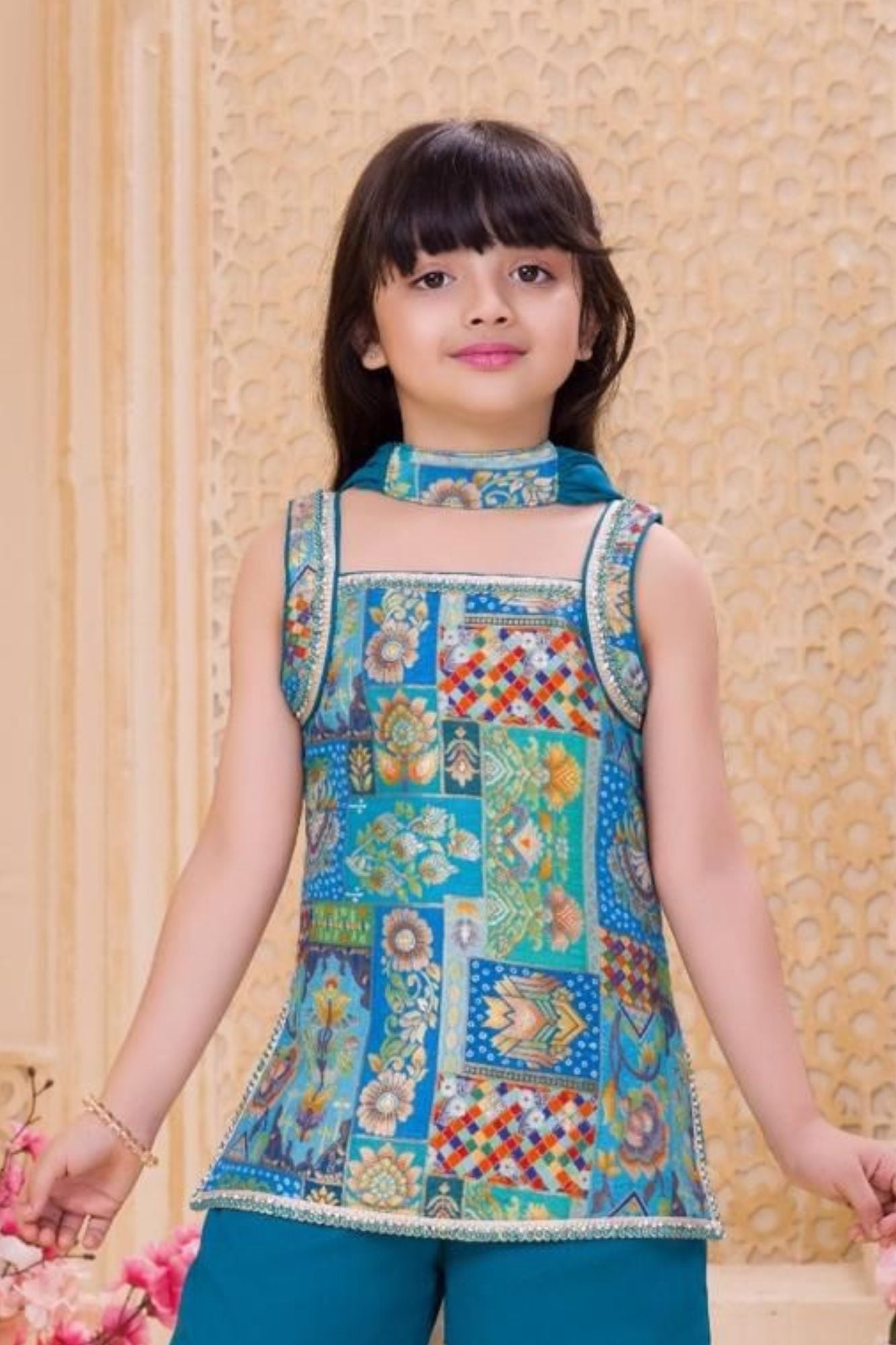 Blue Embroidered Sharara Set with Dupatta For Girls